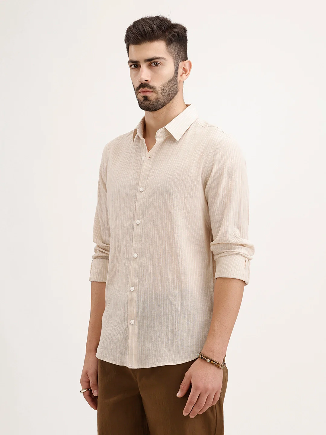 Slim Fit Striped Shirt | Beige - Image 4