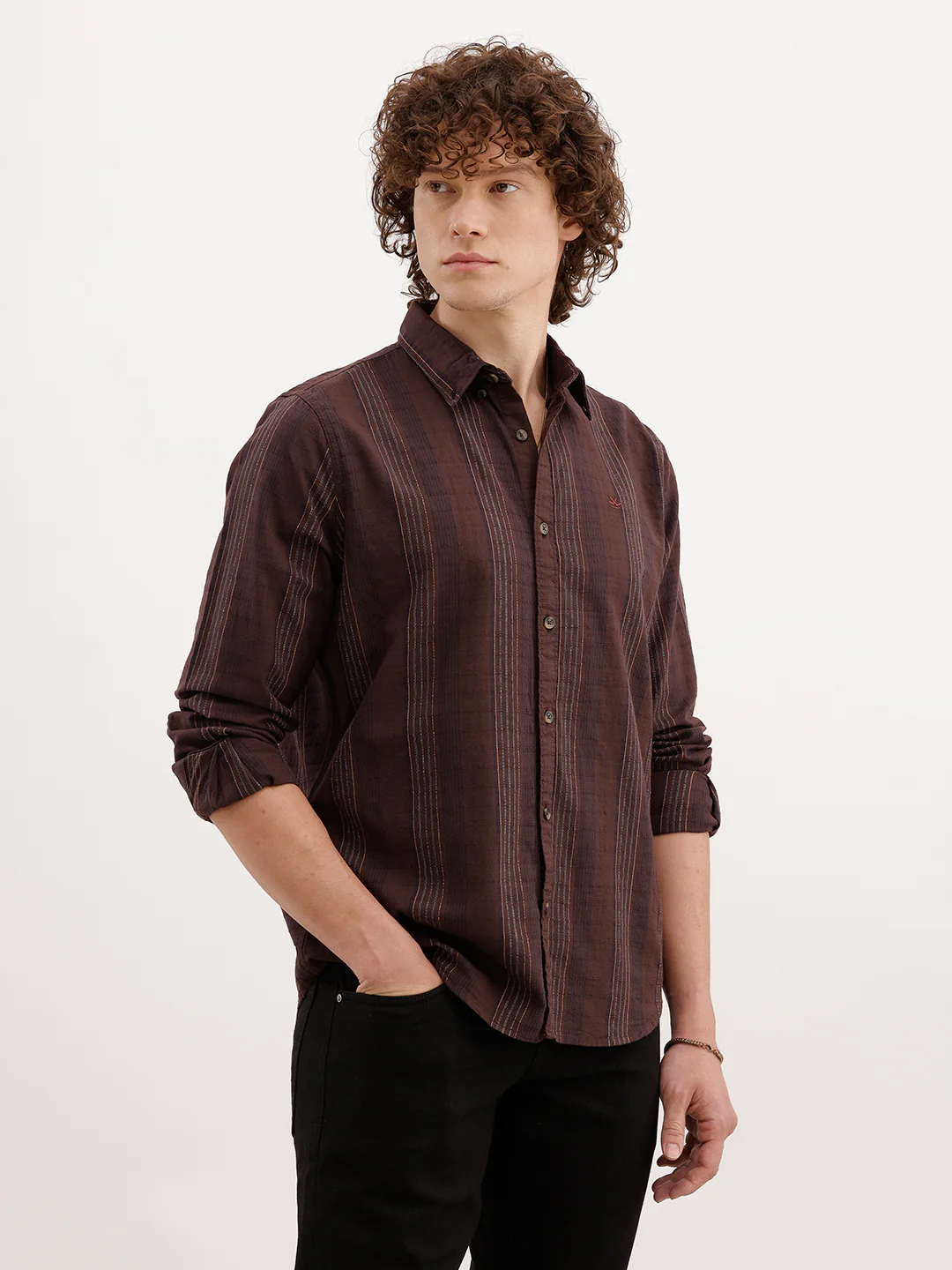 Slim Fit Striped Shirt  | Brown - Image 4