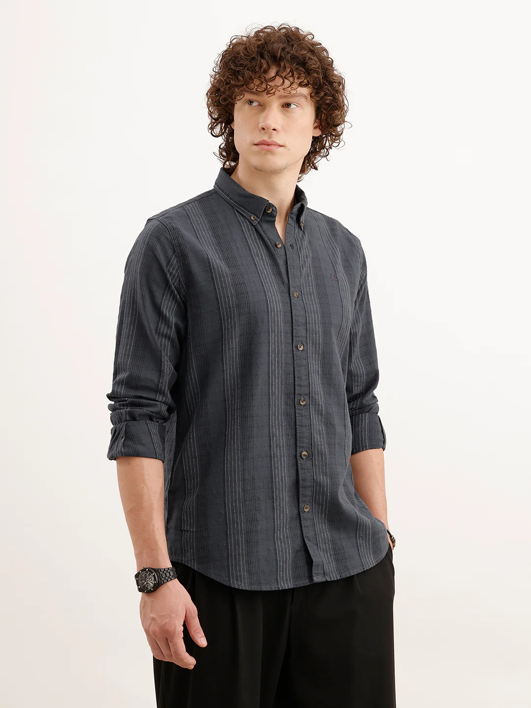 Slim Fit Striped Shirt  | Dark Grey - Image 4