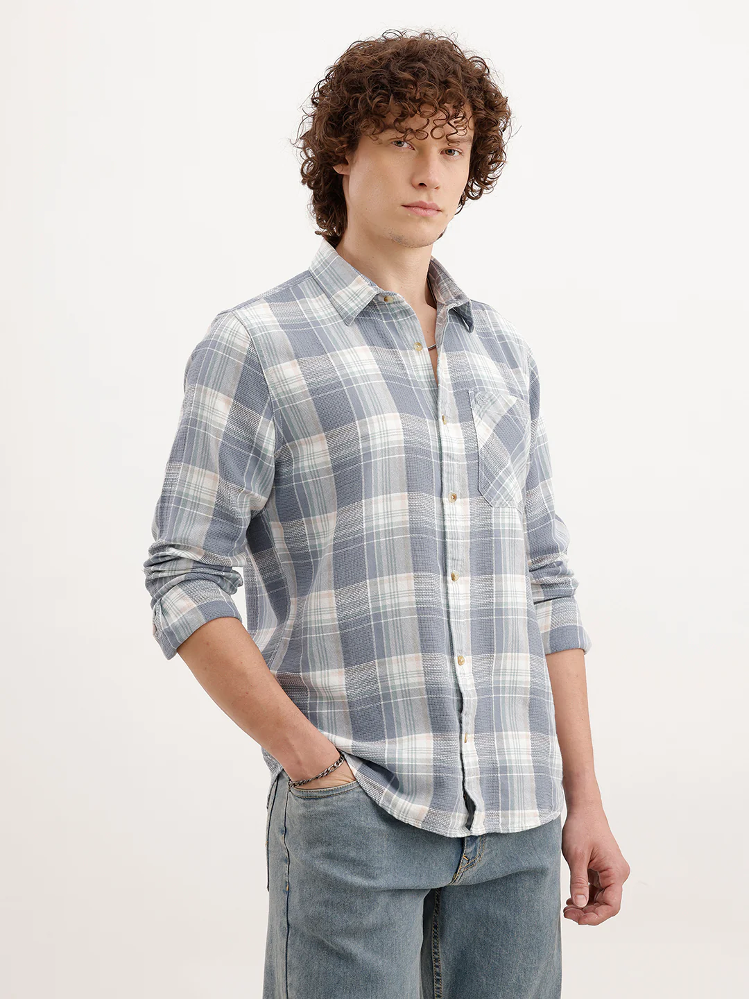 Slim Fit Textured Checkered Shirt  | Blue - Image 4