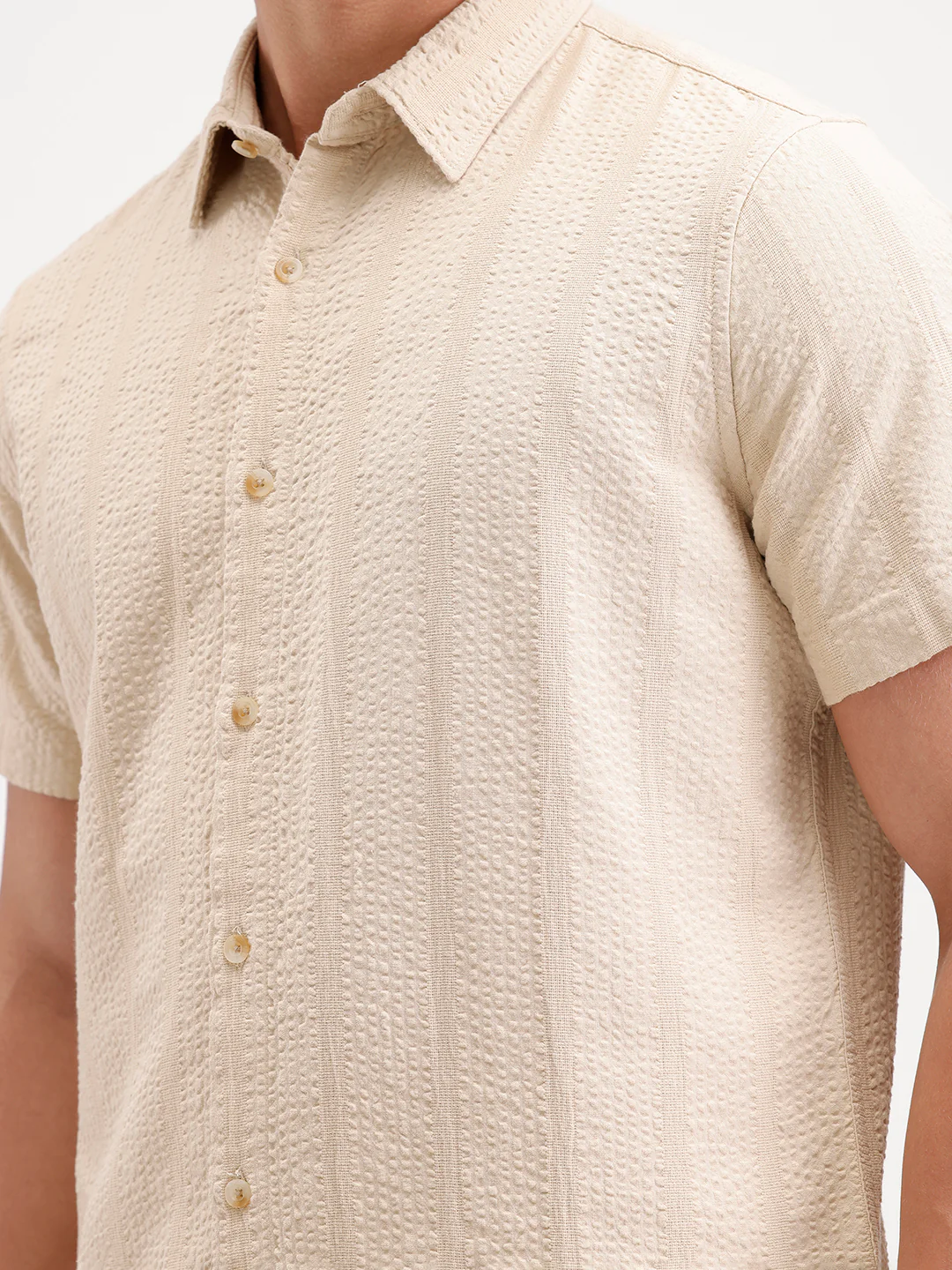 Slim Fit Textured Half Sleeve Shirt  | Cream - Image 5