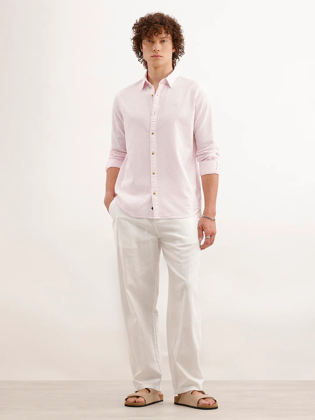 Slim Fit Textured Striped Shirt  | Pink - Image 2