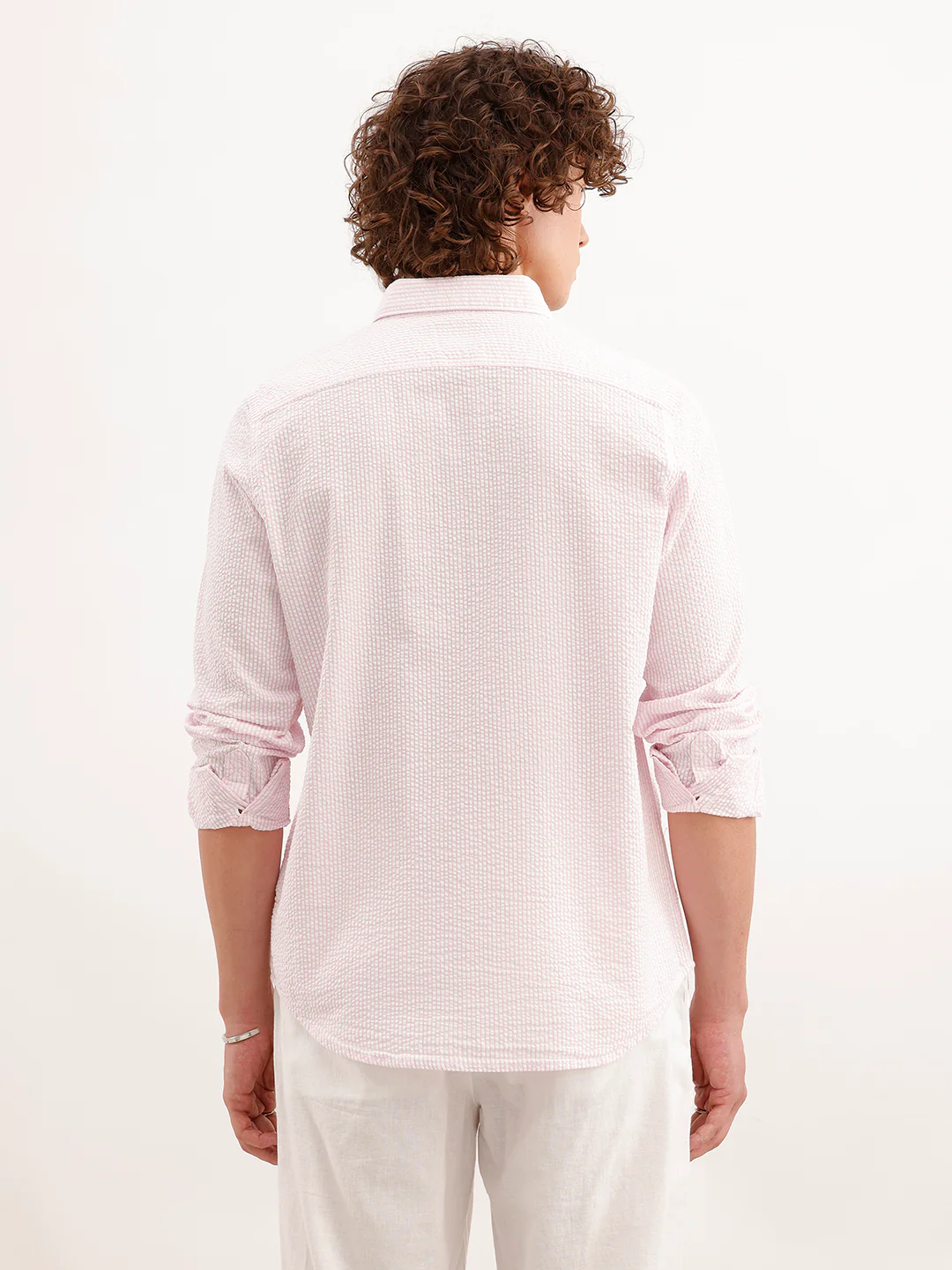 Slim Fit Textured Striped Shirt  | Pink - Image 3