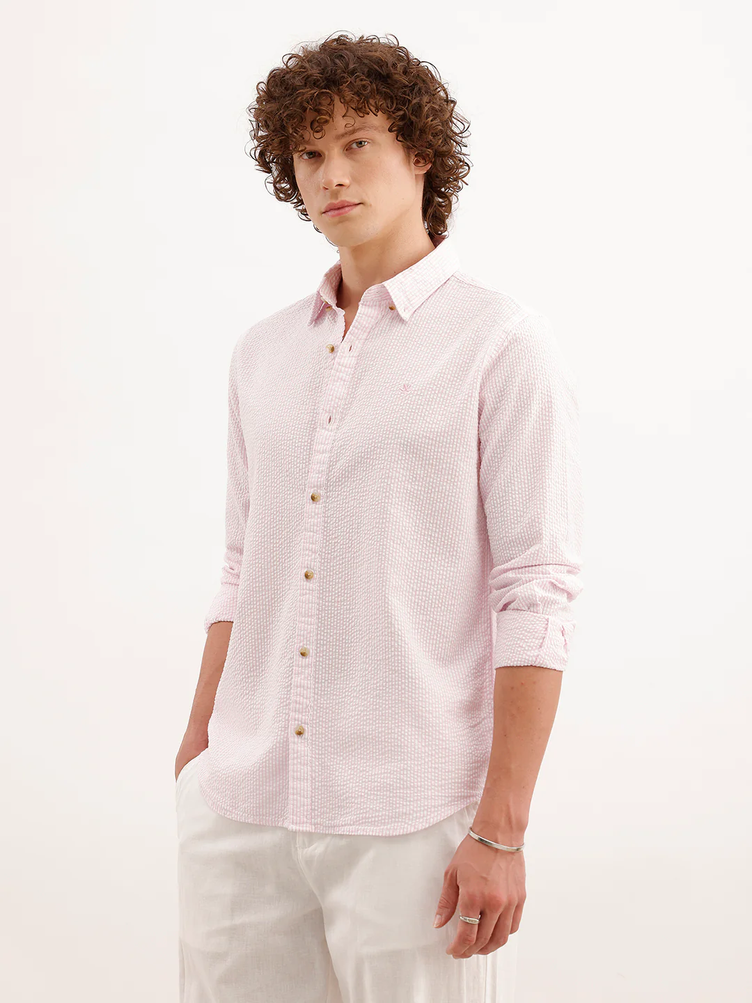 Slim Fit Textured Striped Shirt  | Pink - Image 4