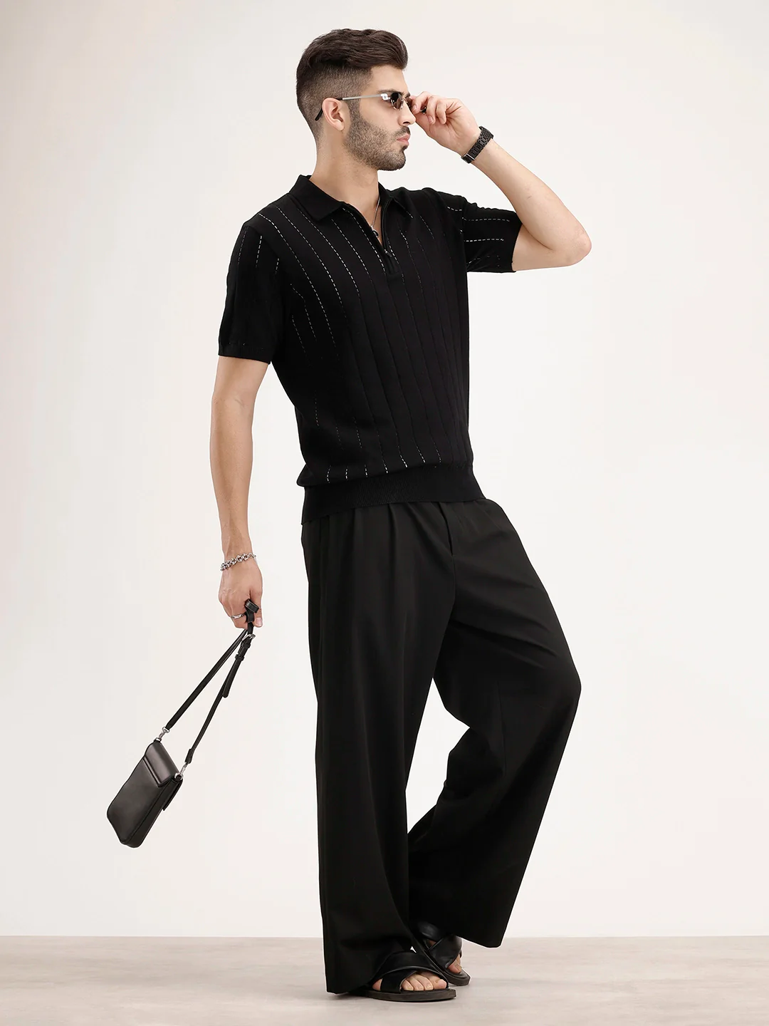 Slim Fit Flat Knit Textured T-Shirt | Black - Image 2