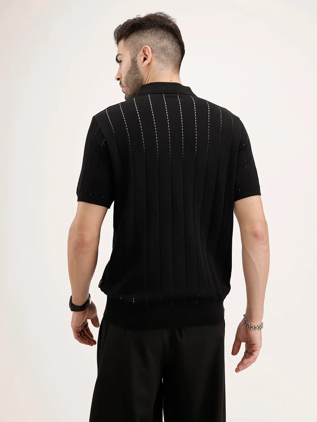 Slim Fit Flat Knit Textured T-Shirt | Black - Image 3