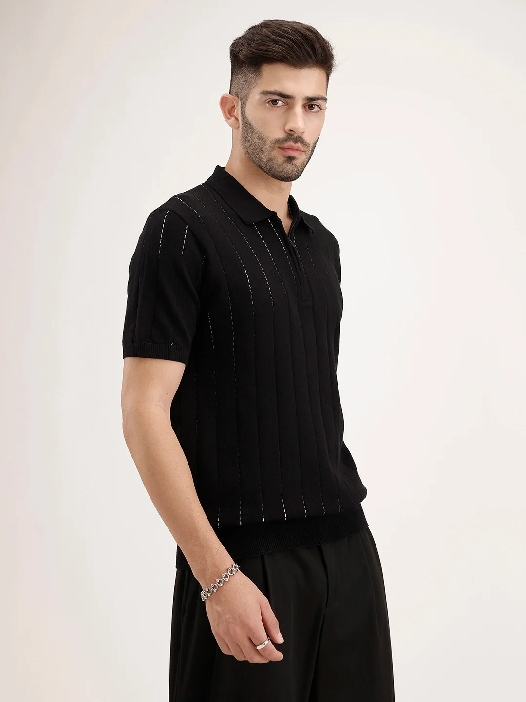 Slim Fit Flat Knit Textured T-Shirt | Black - Image 4