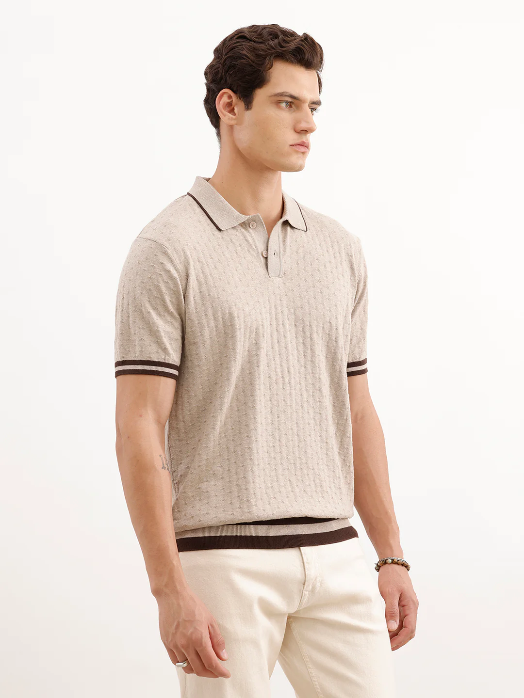 Slim Fit Textured T-Shirt  | Khaki - Image 4