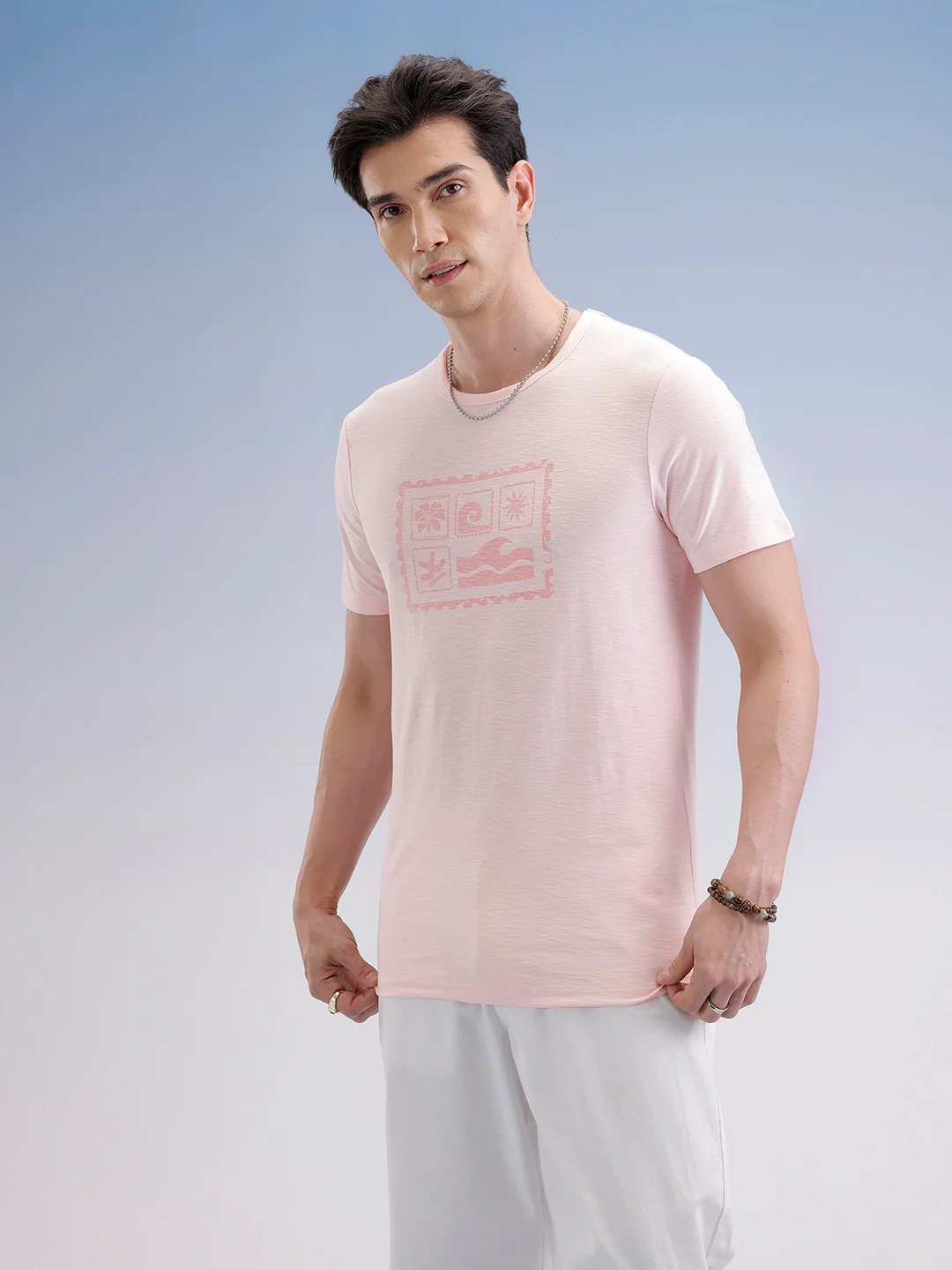 Slim Fit Textured T-Shirt  | Pink - Image 4