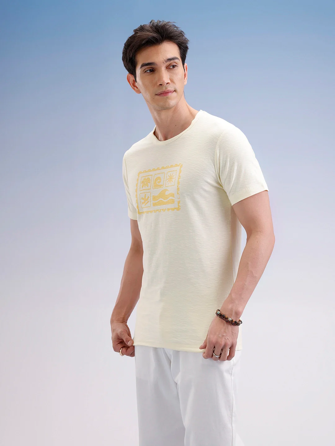 Slim Fit Textured T-Shirt  | Yellow - Image 4