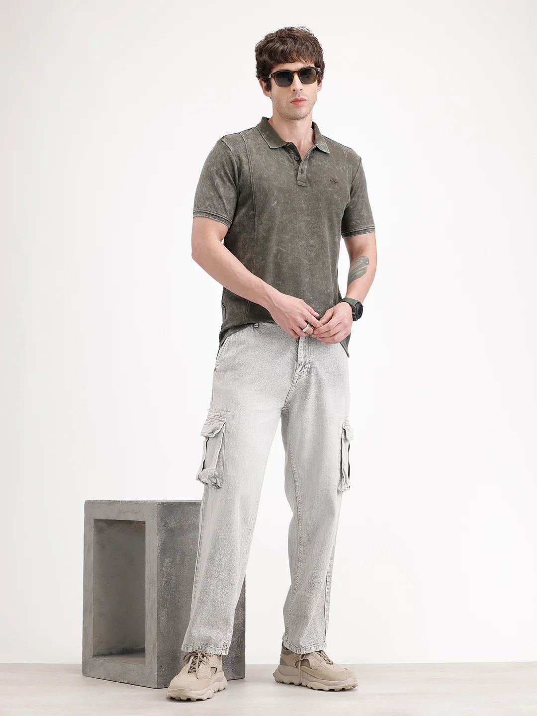 Slim Fit Washed Cut & Sew Polo T-Shirt | Olive - Image 2