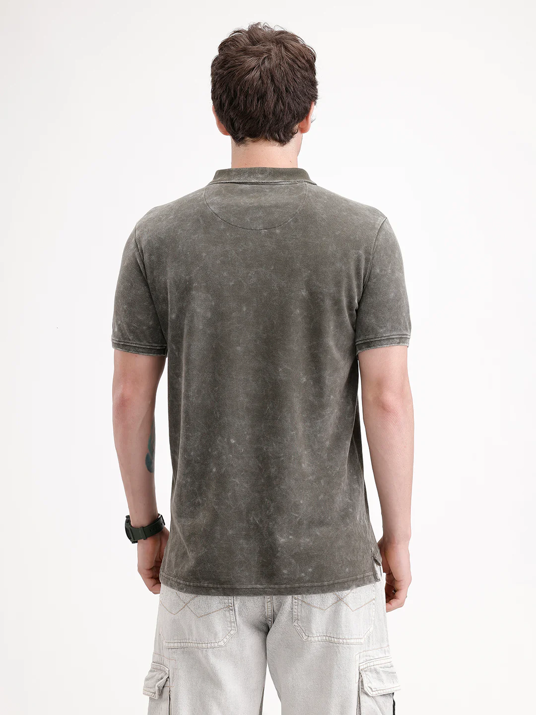Slim Fit Washed Cut & Sew Polo T-Shirt | Olive - Image 3