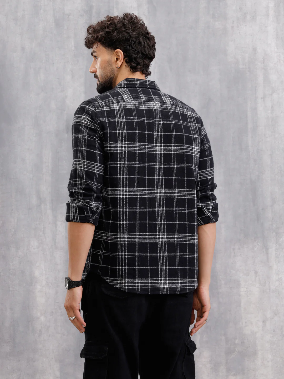 Soft Hand Brushed Check Shirt In Crepe Yarn | Black - Image 3