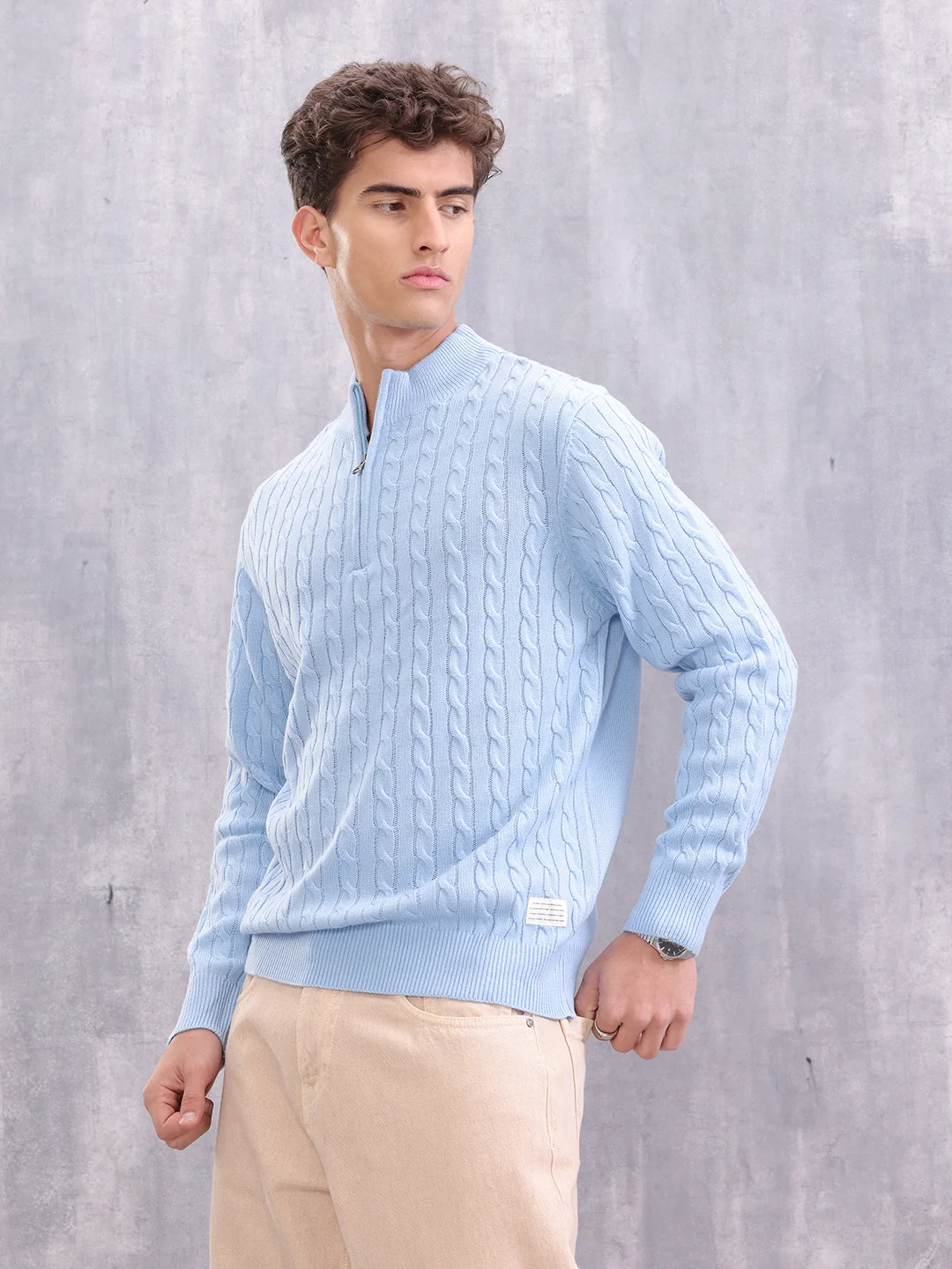 Soft Pastel Blue Cable Knit Half Zipper Pullover | Light Blue - Image 5