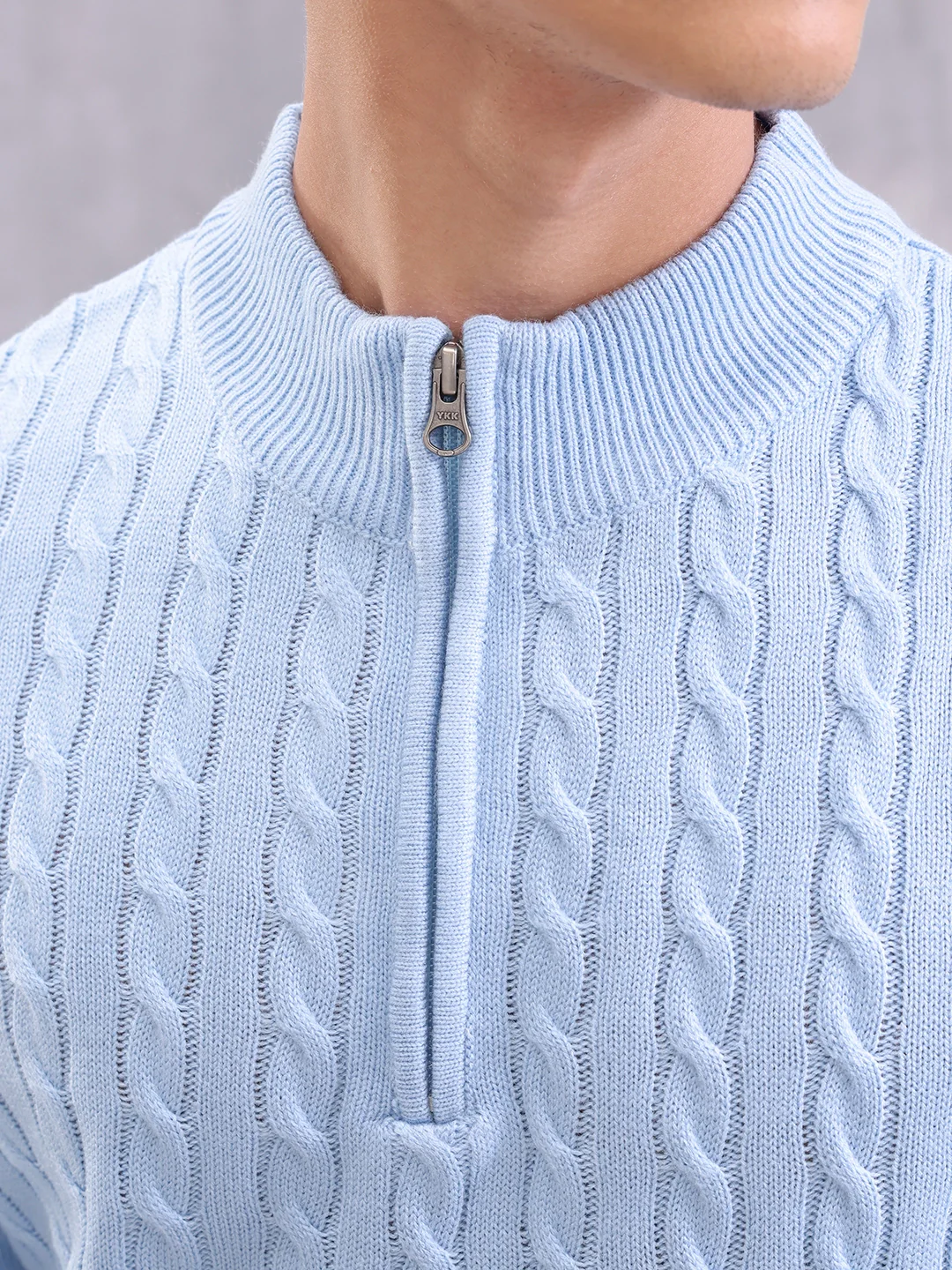 Soft Pastel Blue Cable Knit Half Zipper Pullover | Light Blue - Image 6
