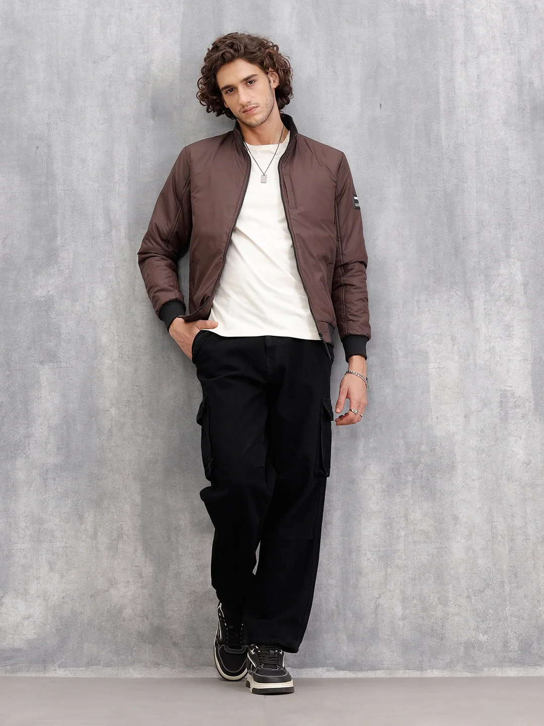 Soild Casual Bomber Jacket | Brown - Image 2