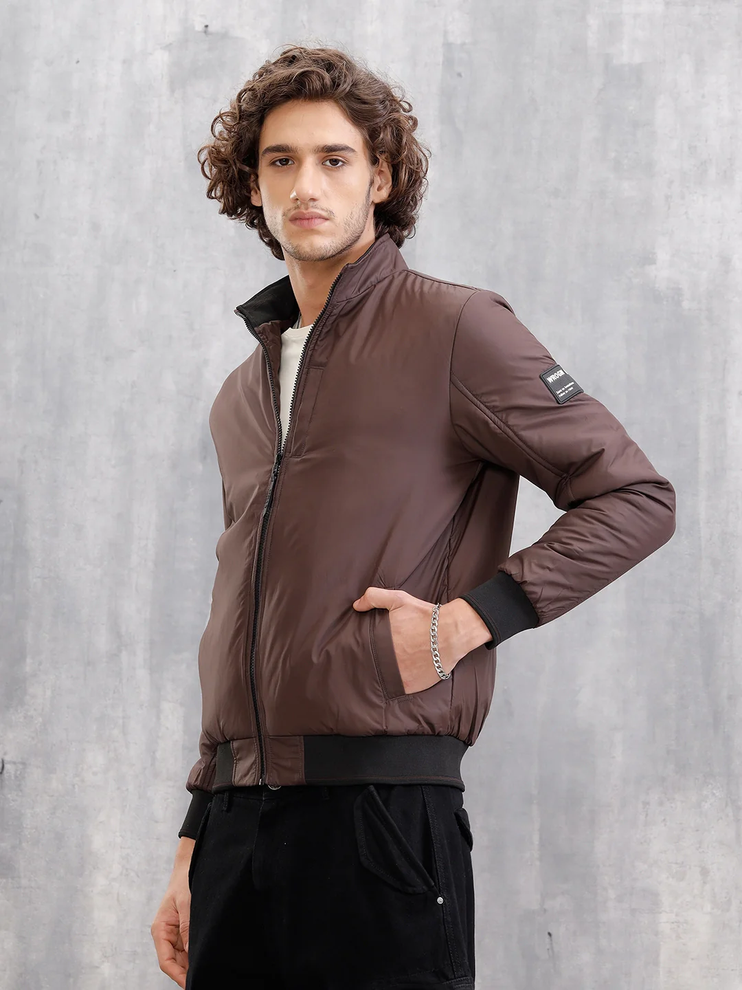 Soild Casual Bomber Jacket | Brown - Image 4