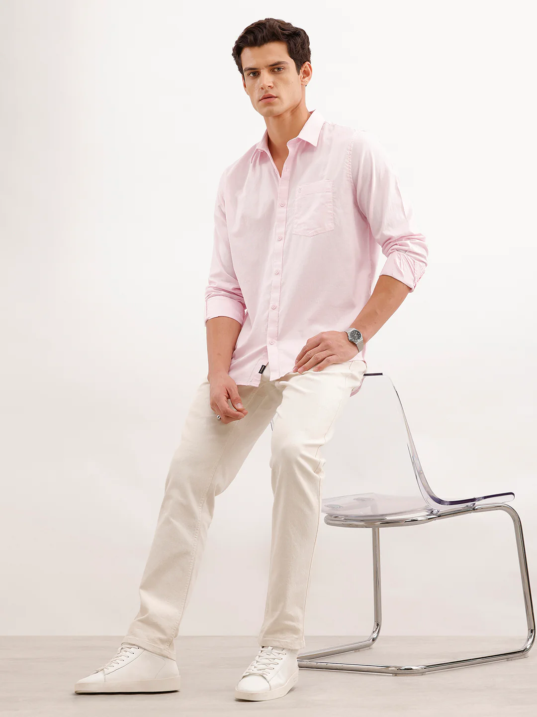 Soild Slim Fit 100% Cotton Shirt  | Pink - Image 2