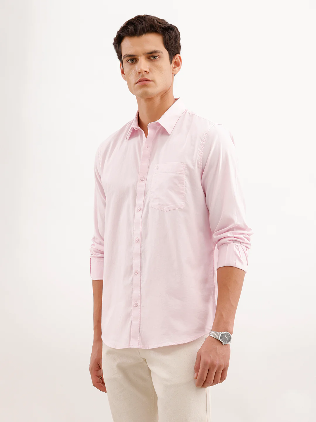 Soild Slim Fit 100% Cotton Shirt  | Pink - Image 4
