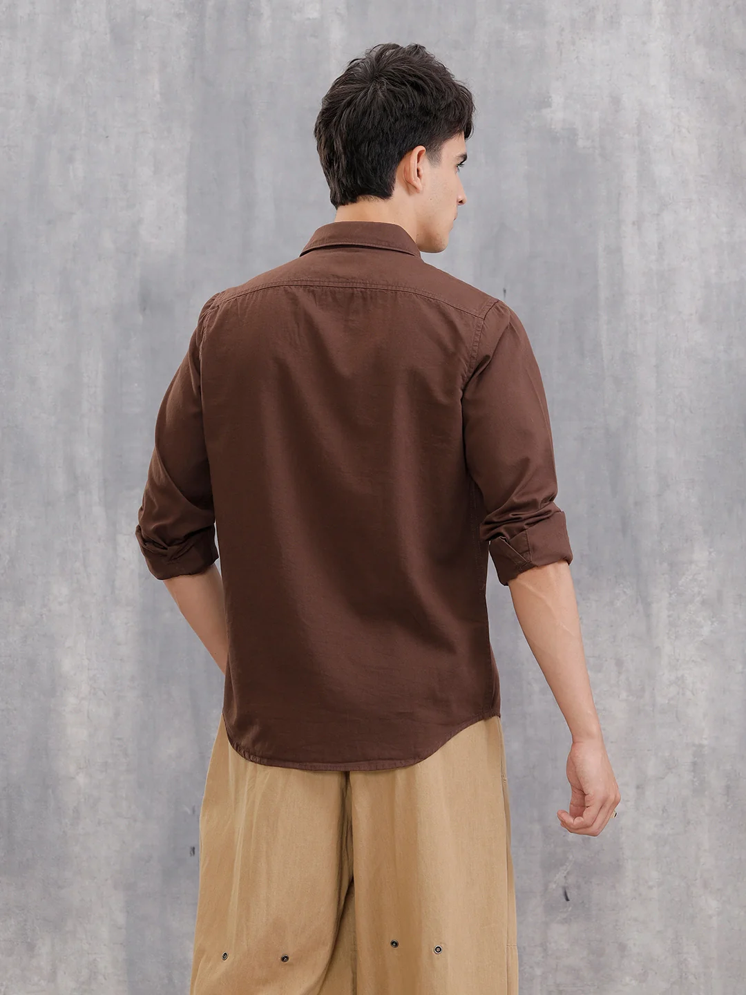 Solid 100%Cotton Regular Fit Shirt |  Brown - Image 3