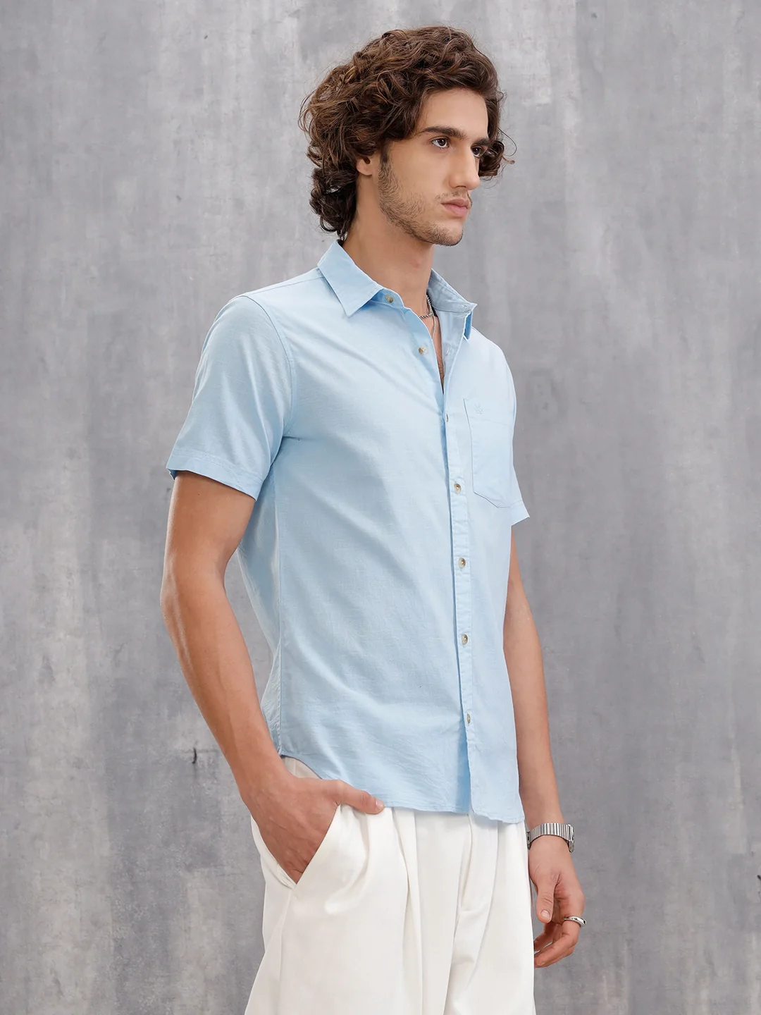 Solid 100%Cotton Regular Fit Shirt | Light Blue - Image 4