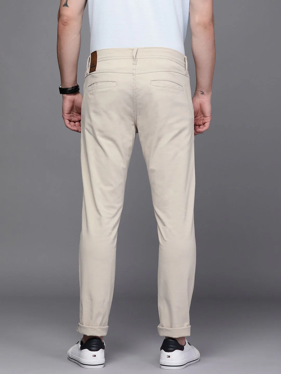 Solid Beige Tapered Fit Trousers - Image 3