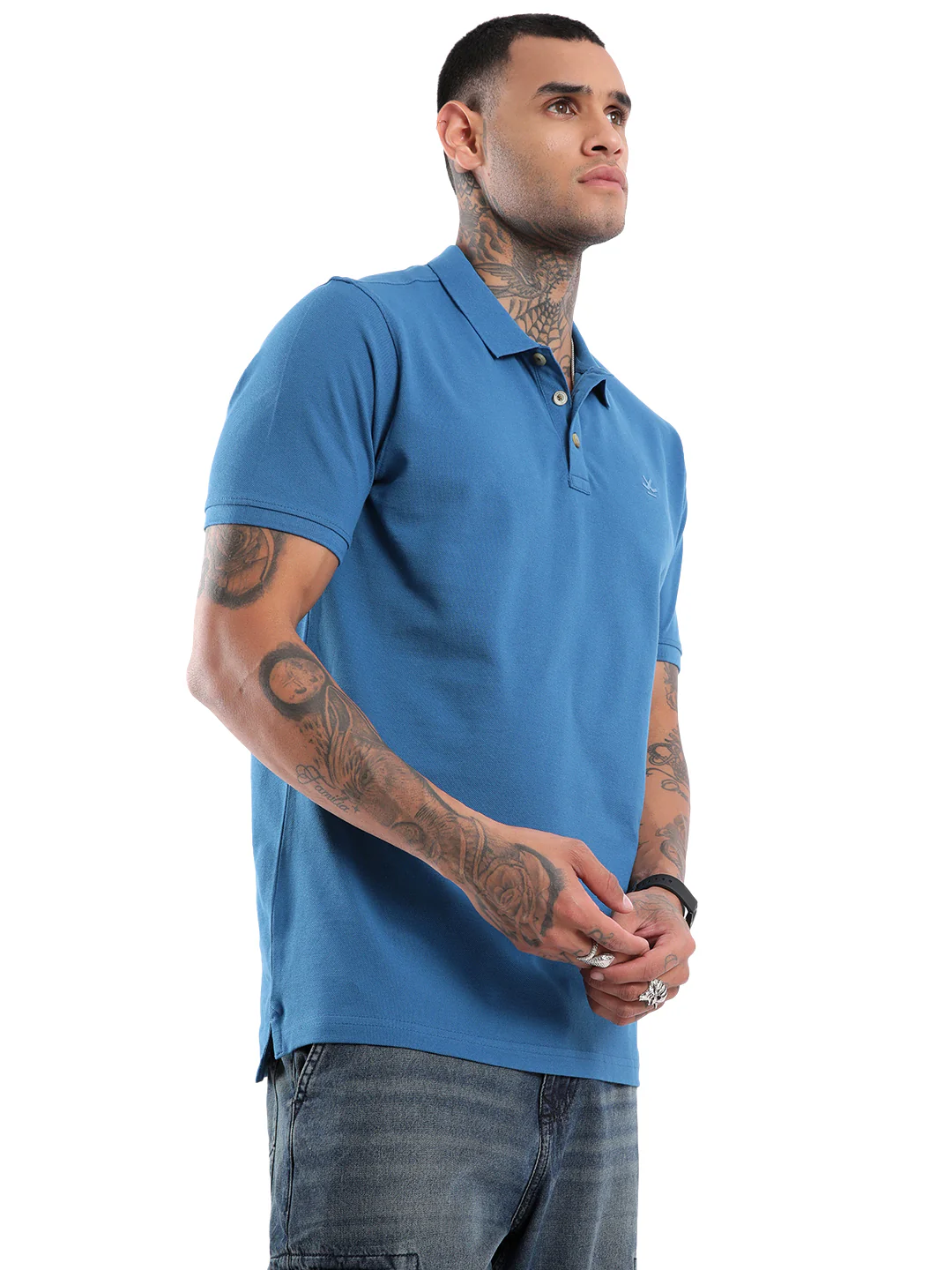 Solid Blue Pique Polo T-Shirt - Image 3