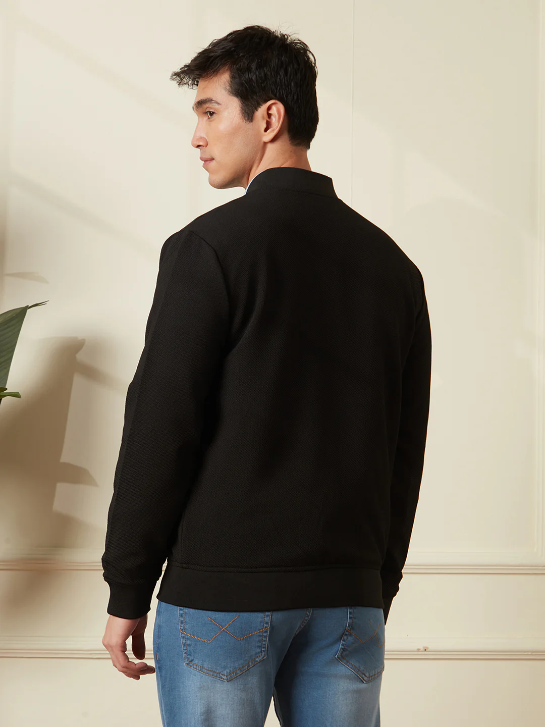Solid Casual Black Bomber Jacket - Image 5