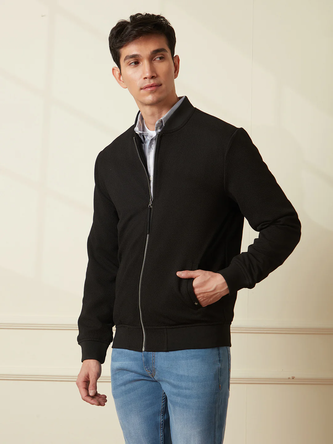 Solid Casual Black Bomber Jacket - Image 6