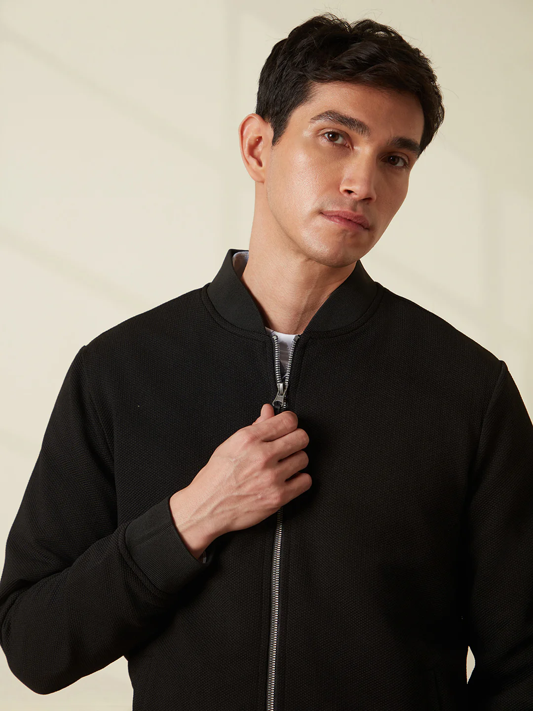Solid Casual Black Bomber Jacket - Image 7