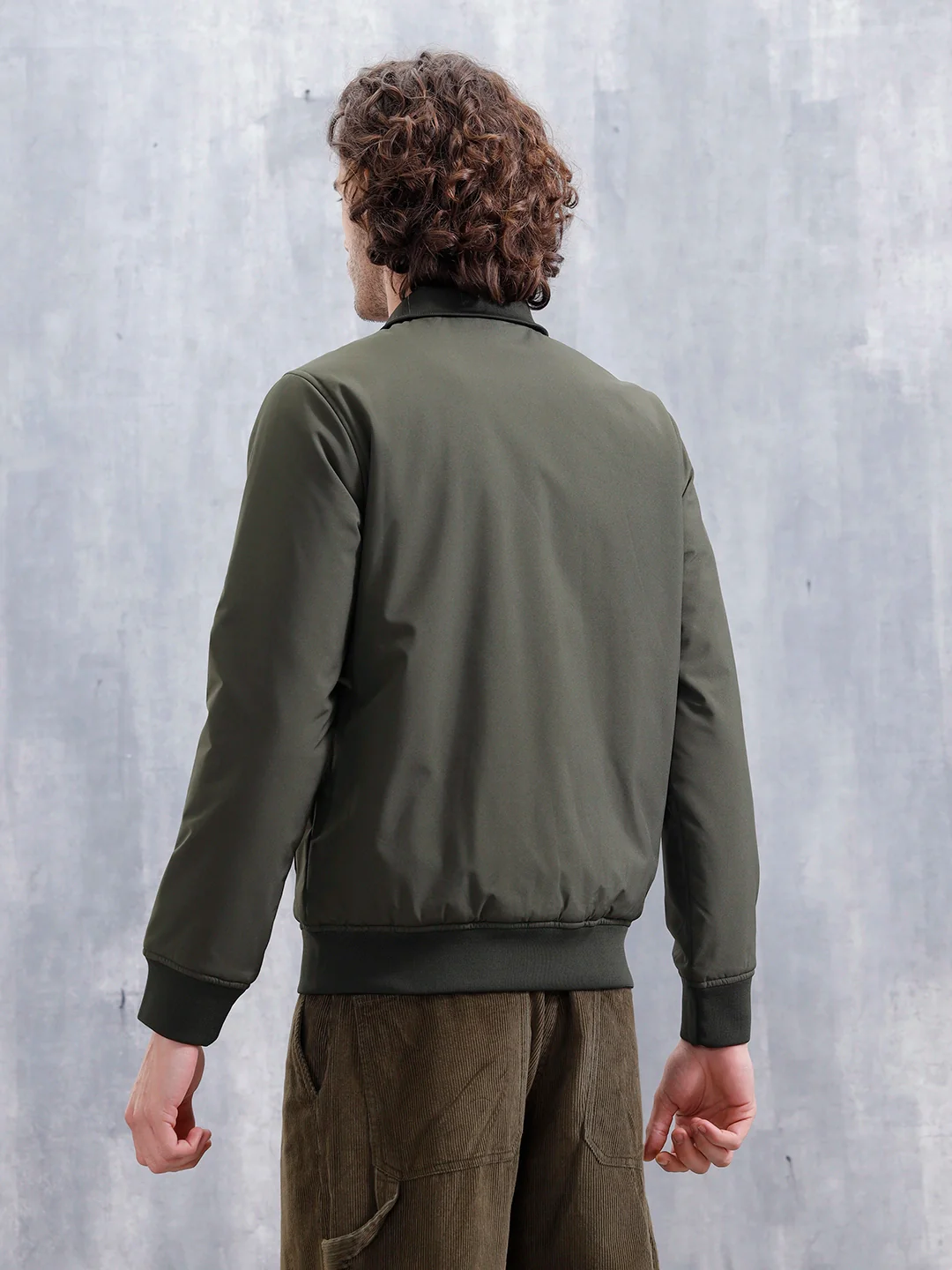 Solid Casual Slim Fit Bomber Jacket | Olive - Image 3