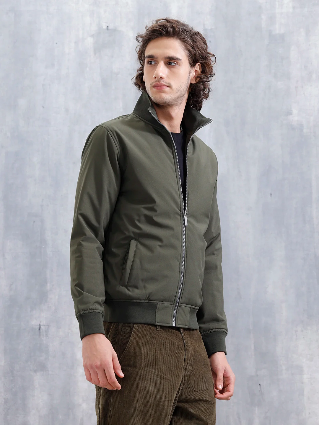 Solid Casual Slim Fit Bomber Jacket | Olive - Image 4