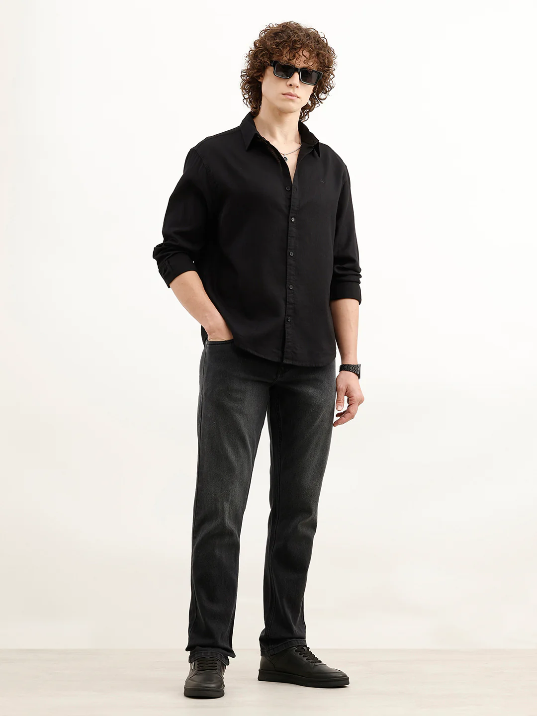 Solid Comfort Fit Textured Shirt | Black - Image 2