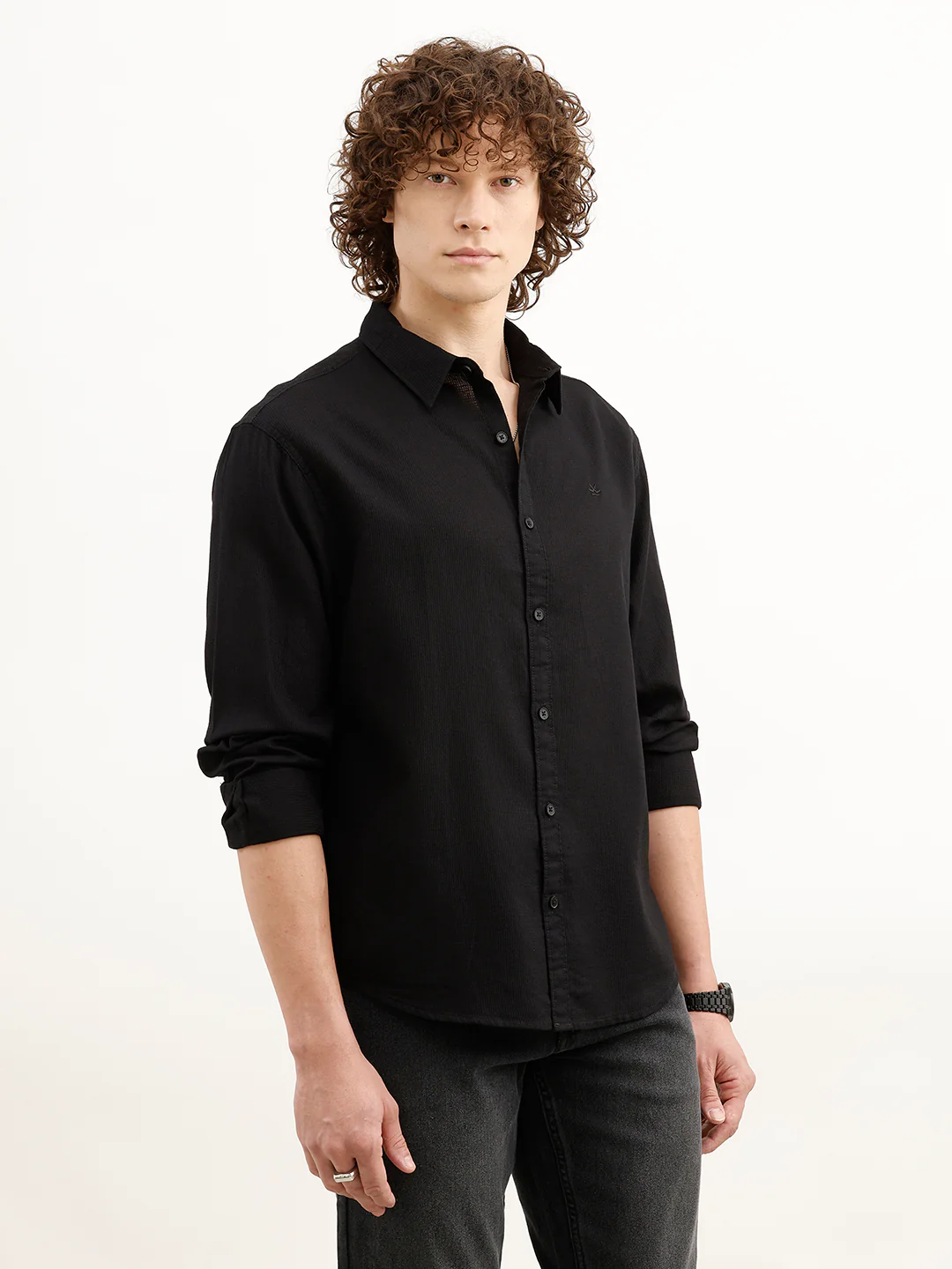 Solid Comfort Fit Textured Shirt | Black - Image 4