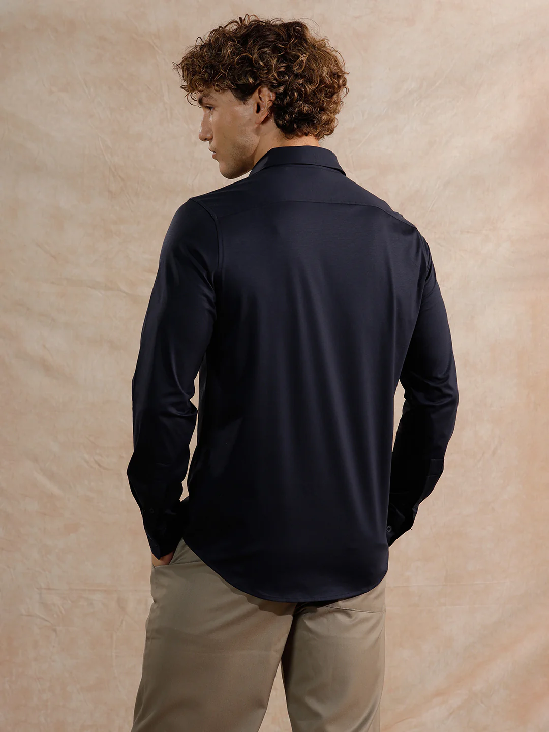 Solid Stretch Slim Fit Shirt | Navy Blue - Image 3