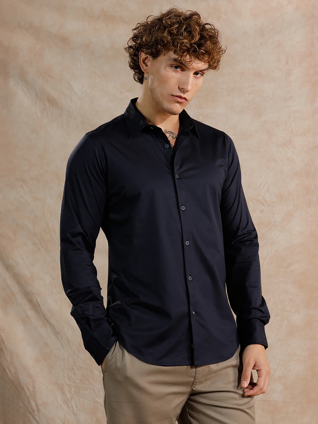 Solid Stretch Slim Fit Shirt | Navy Blue - Image 4