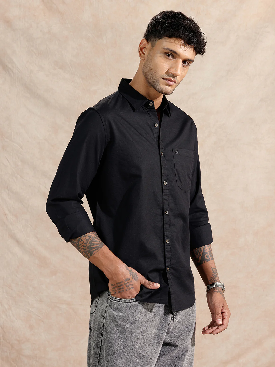 Solid Cotton Slub Shirt | Black - Image 4
