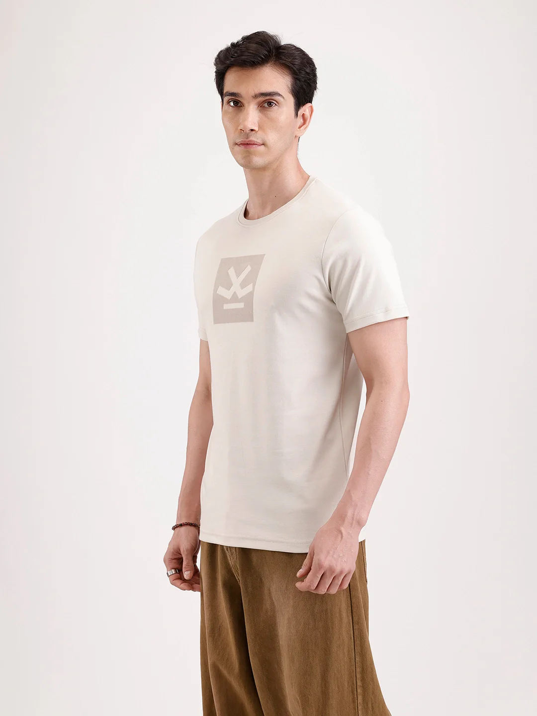 Solid Flock Printed T-Shirt   |  Beige - Image 4