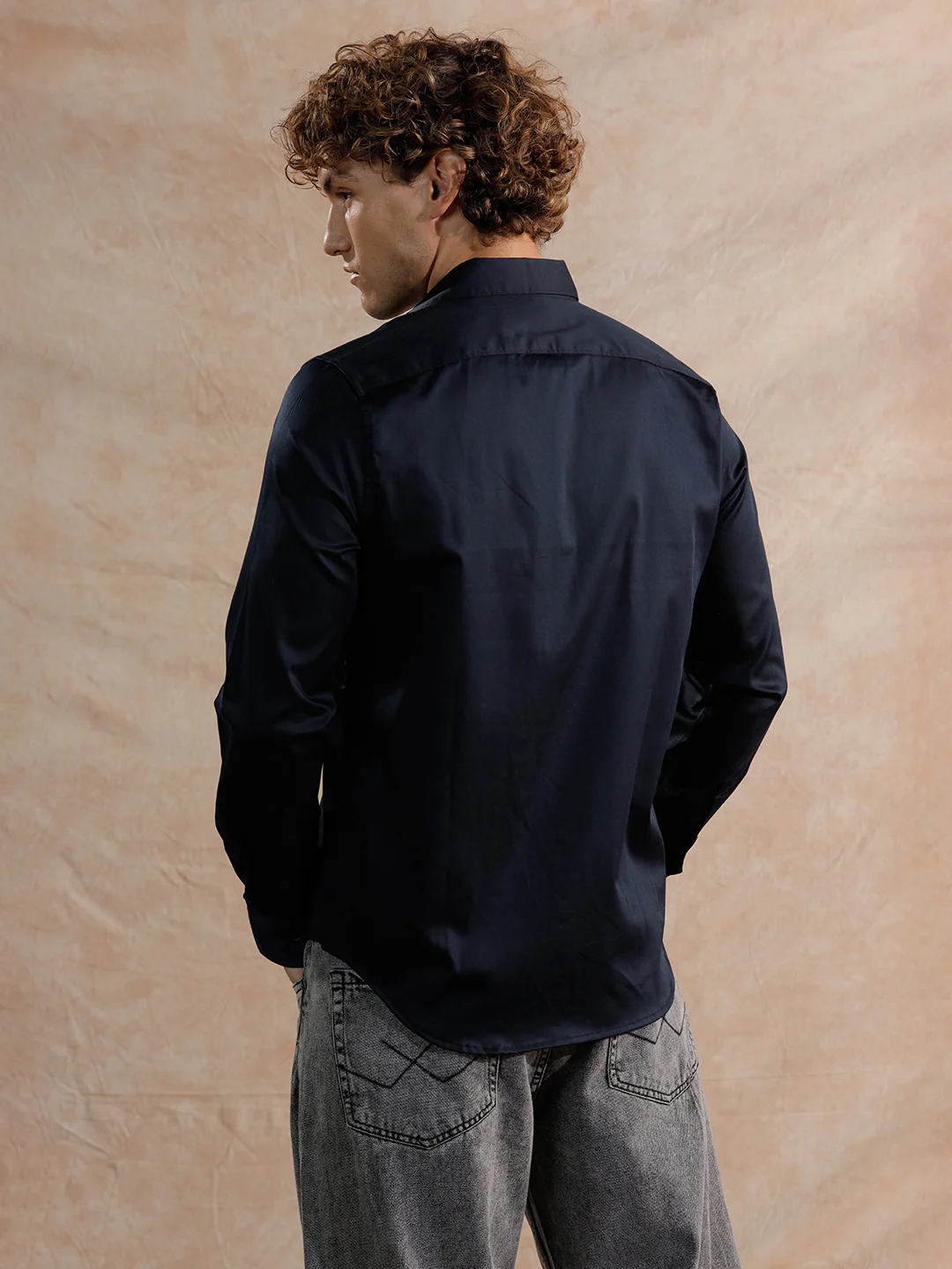 Solid Stretch Cotton Blend Shirt | Navy Blue - Image 3