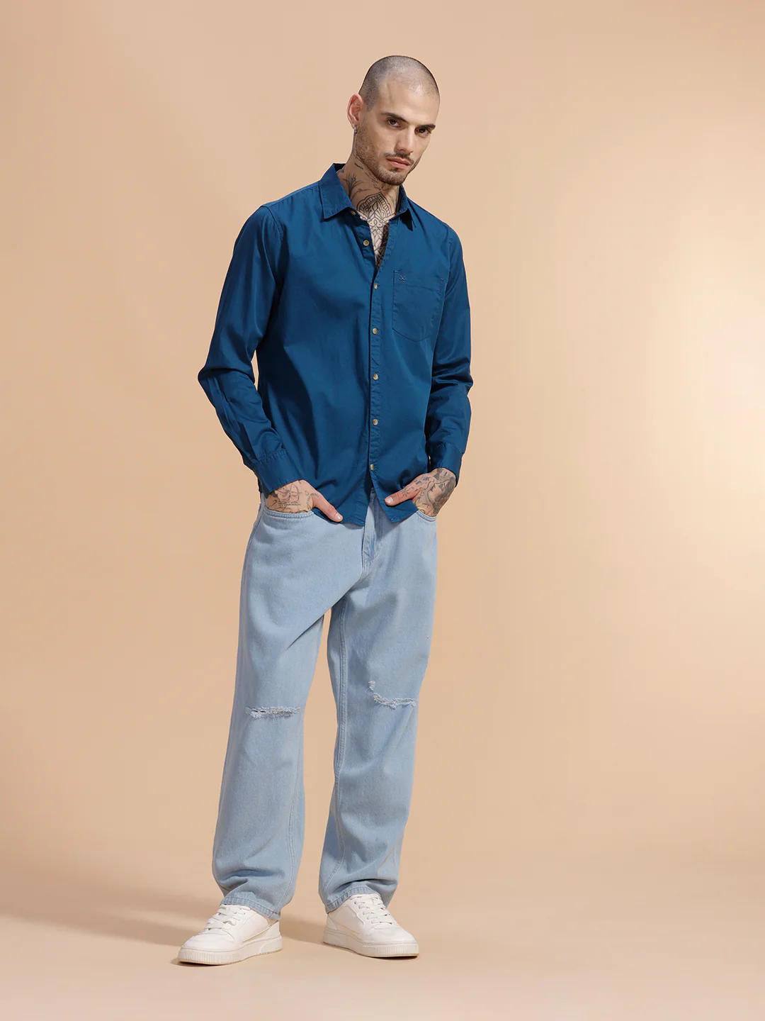Solid Full Sleeve Cotton Shirt | Blue - Image 2
