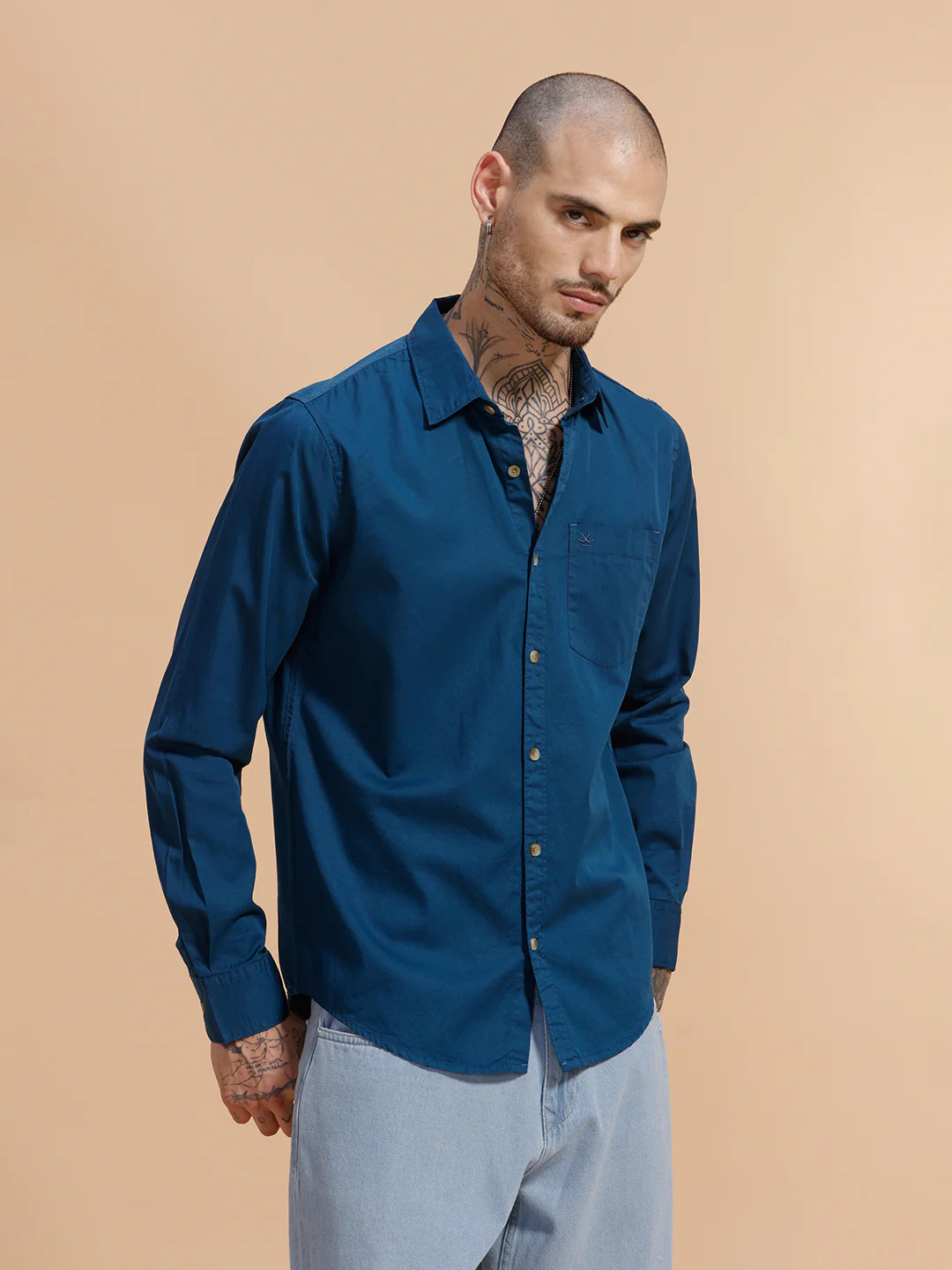 Solid Full Sleeve Cotton Shirt | Blue - Image 3