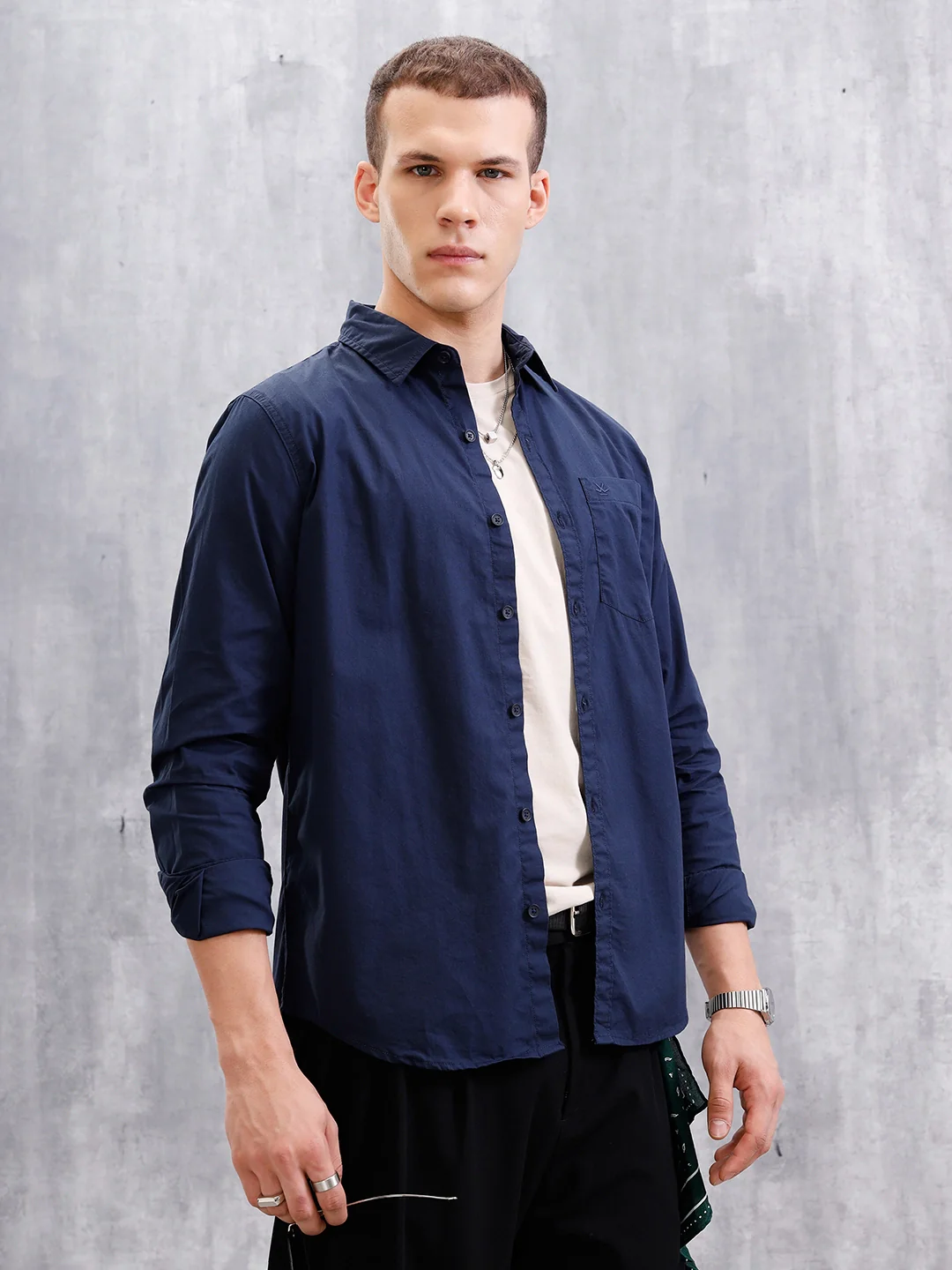 Solid Full Sleeve Regular Fit Shirt  | Navy Blue - Image 4