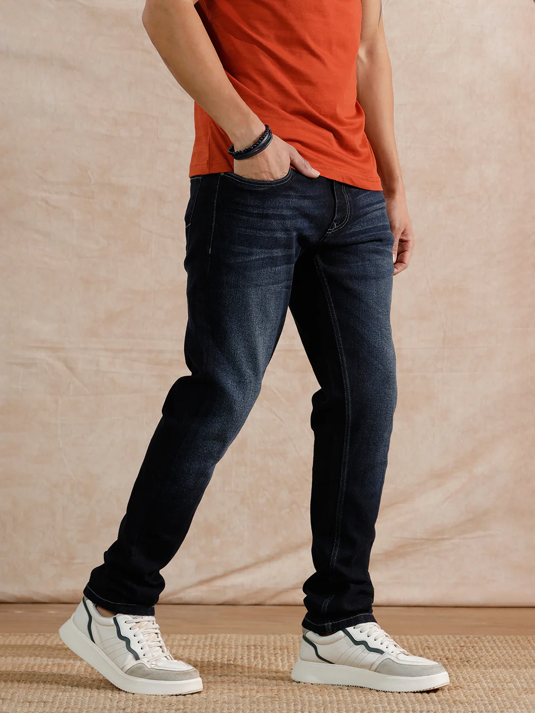 Solid Heavy Fade Slim Tapered Fit Jeans | Dark Blue - Image 4