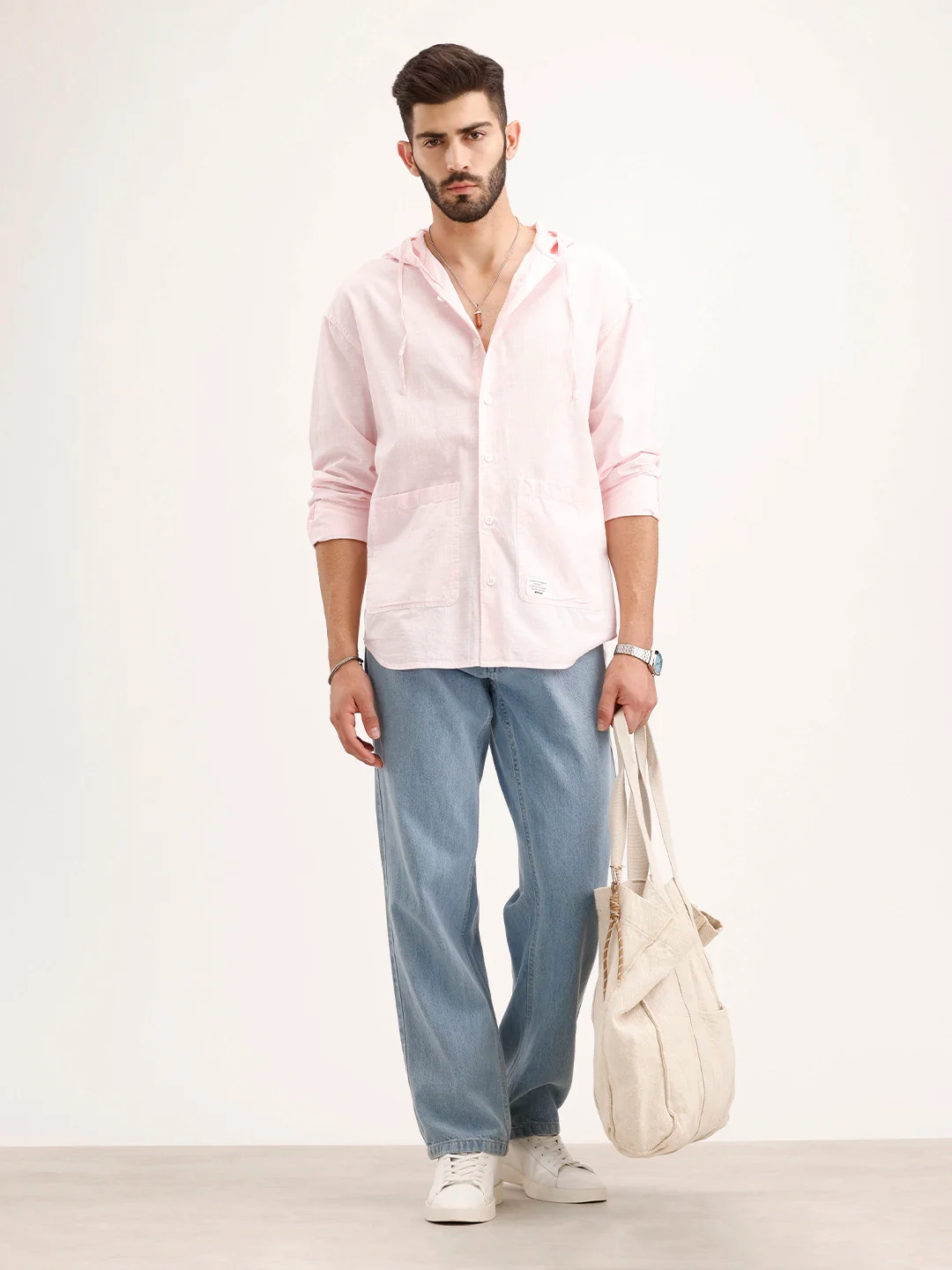 Solid Hooded Oversized Shirt | Pink - Image 2