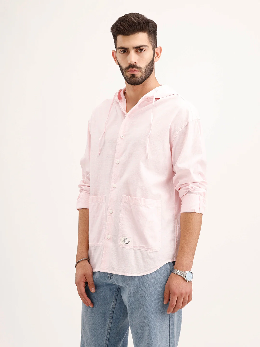 Solid Hooded Oversized Shirt | Pink - Image 4