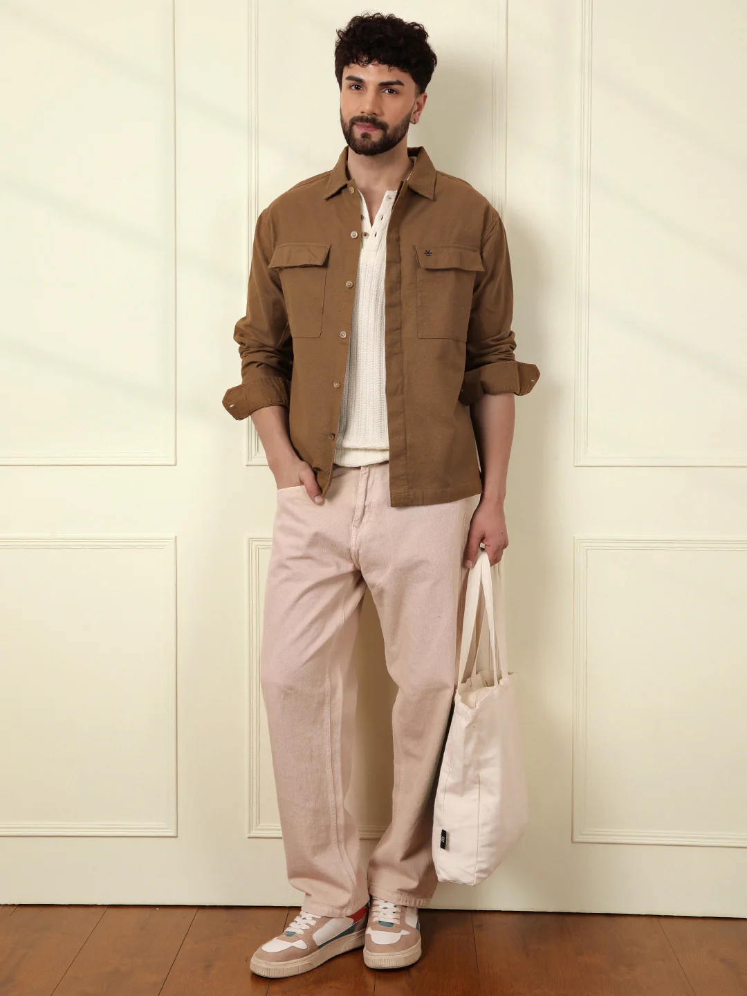 Solid Regular Fit Shacket | Khaki - Image 3