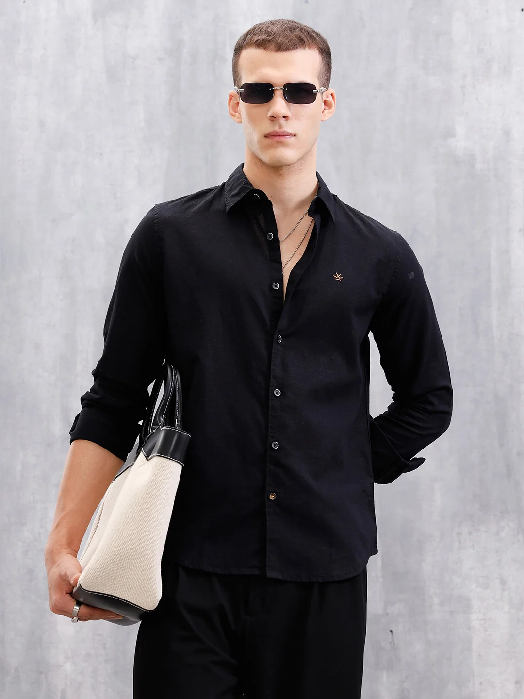 Solid Linen Blend Shirt | Black - Image 2