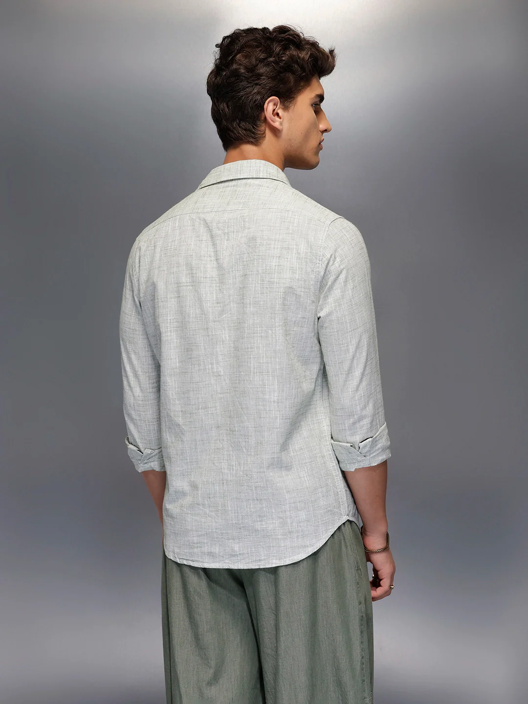 Solid Linen Blend Shirt   |  Green - Image 3