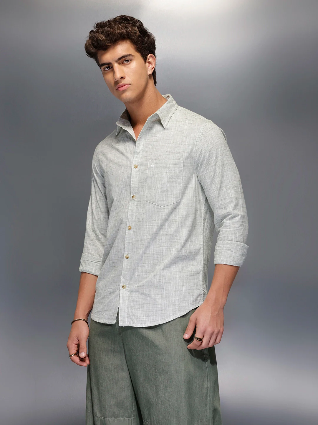 Solid Linen Blend Shirt   |  Green - Image 4