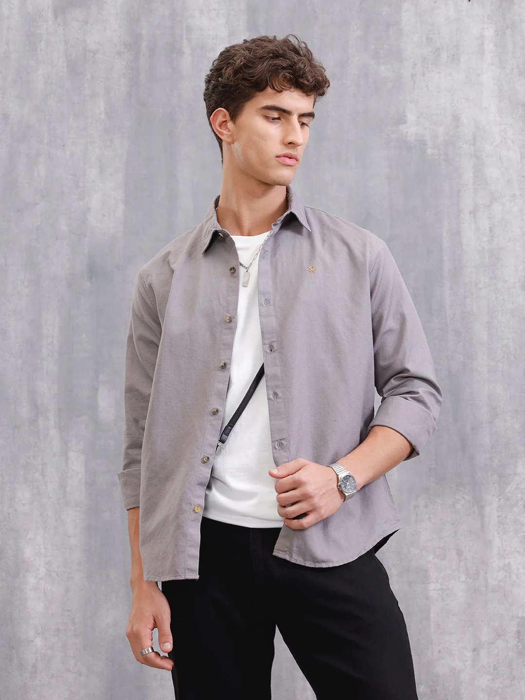 Solid Linen Blend Shirt | Grey - Image 2